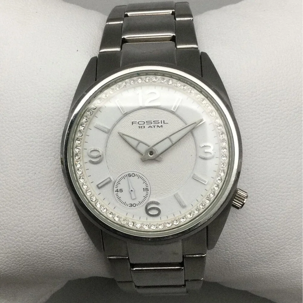 Fossil Womens Watch 32mm Crystal Bezel Stainless Steel AM-4213 New Battery 6.5